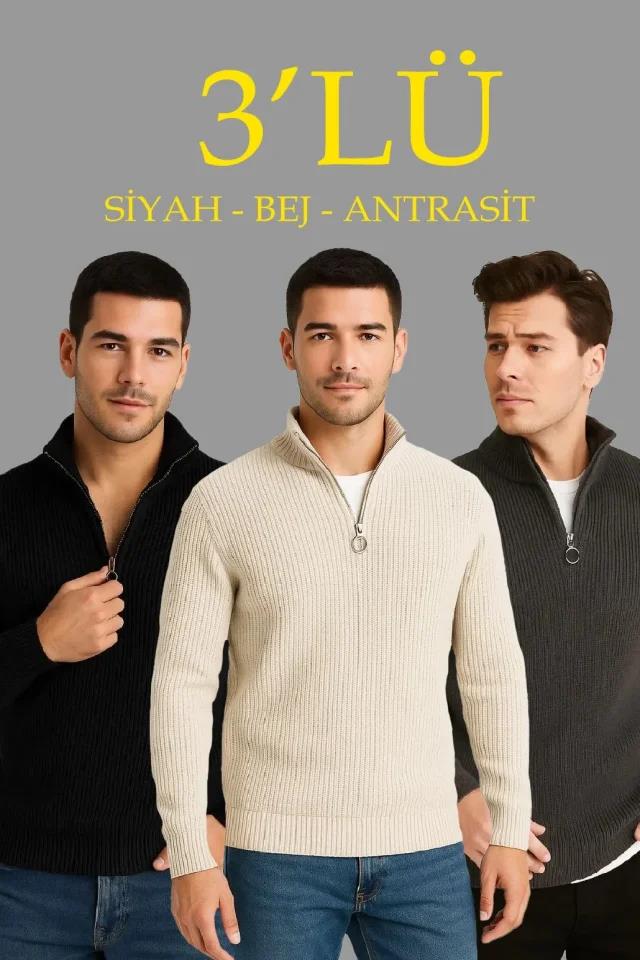 Erkek Fitilli Triko Kazak 3’lü Set – Antrasit, Siyah, Bej Kalın Dokuma Pamuklu Regular Fit V Yaka Fermuarlı Uzun Kollu Rahat Kışlık Kazak Kombini