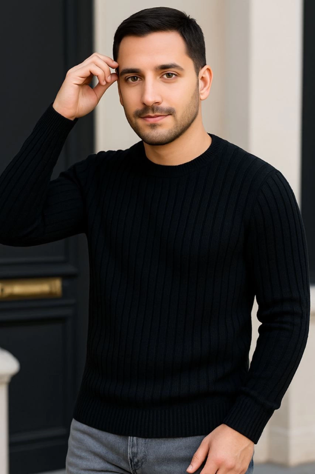Erkek Fitilli Triko Kazak 3lü Set Bej Gri Siyah Regular Fit Bisiklet Yaka Triko Seti Kazak Modeli