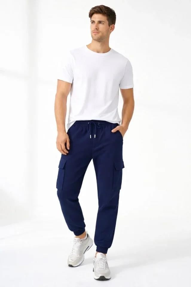 Erkek Jogger Eşofman Altı Regular Fit , Kargo Cepli, Lastikli Paça, Günlük Spor Pantolon - Lacivert