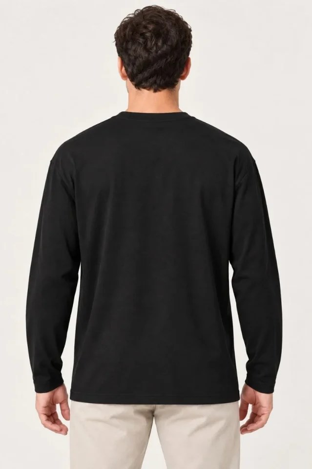 Erkek Modal Yumuşak Dokulu Bisiklet Yaka Uzun Kollu Tişört Sweatshirt - Siyah