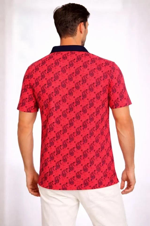 Erkek Pike Kumaş Polo Yaka Palmiye Desenli Tişört Kısa Kol Yazlık T-Shirt - Kırmızı