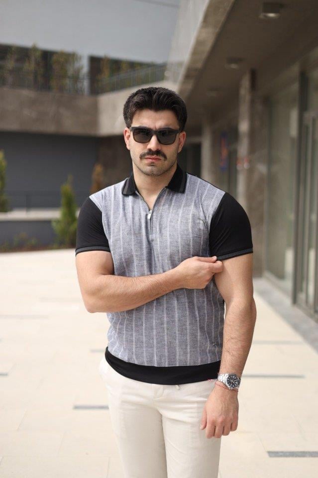 Erkek Polo Yaka Fermuar Detaylı Çizgili Tişört