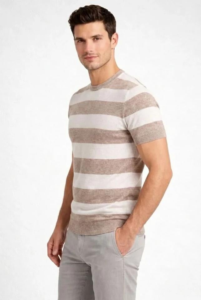 Erkek T-shirt Çizgili Triko Dokuma Bisiklet Yaka Tişört - Bej