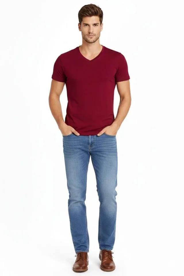 Erkek T-Shirt V Yaka Slim Fit Dar Kesim Likralı Tişört Günlük Basic Body - Bordo