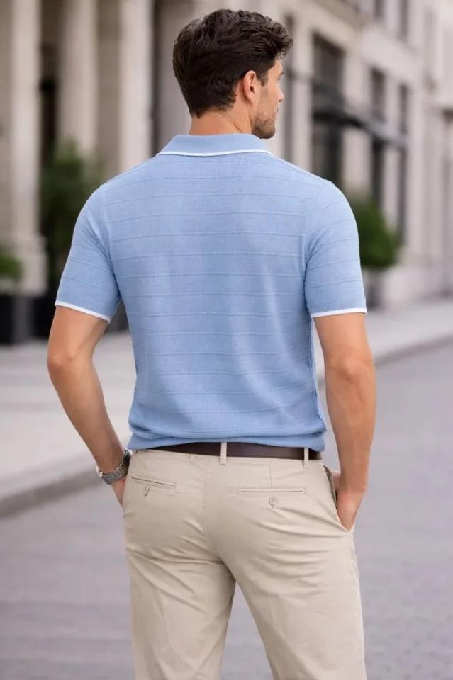 Erkek Triko Kumaş Yakalı Düğmesiz Açık Yaka Fitilli Kısa Kollu Regular Fit Tişört T-shirt - Bebek Mavisi