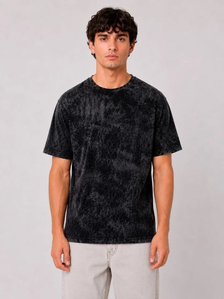 Erkek Yıkamalı Washed Effect Tişört Bisiklet Yaka Sokak Stil Kısa Kol T-Shirt - Siyah