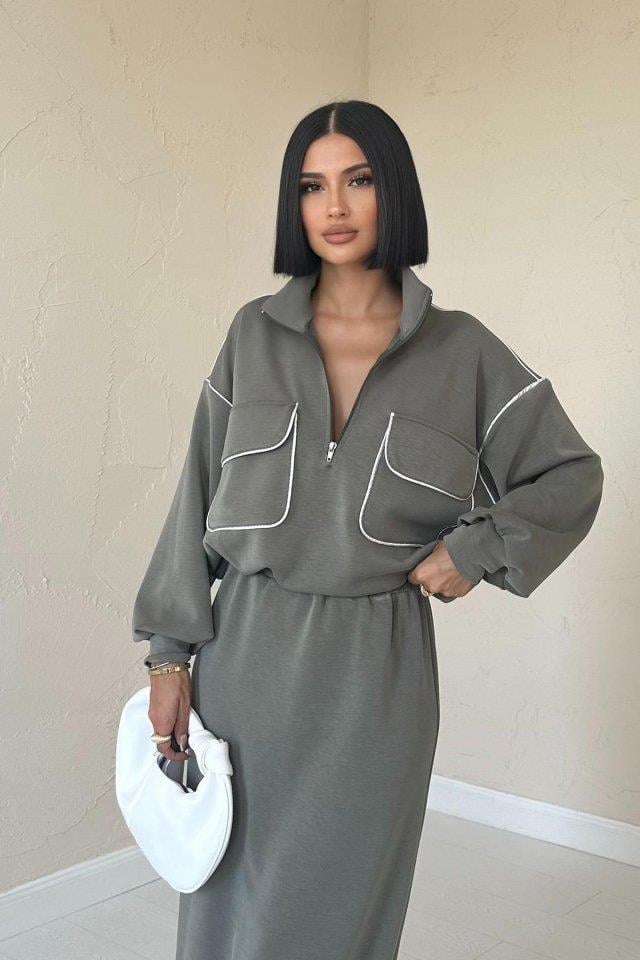 Haki Biyeli Sweatshirt Ve Etek Takım