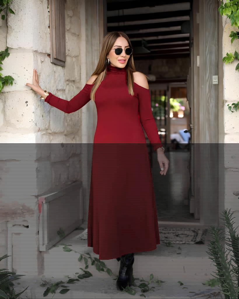 Kadın Balıkçı Yaka Omuzlardan Açık Uzun Kollu Janjan Krep Elbise