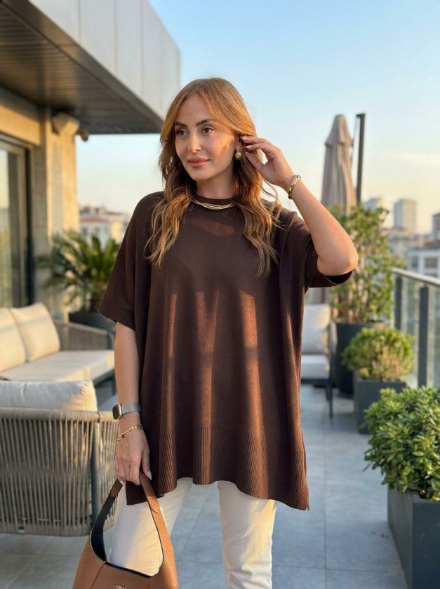 Kadın Bisiklet Yaka Kısa Yarasa Kollu Yanları Yırtmaçlı Oversize Dökümlü Merserize Bluz