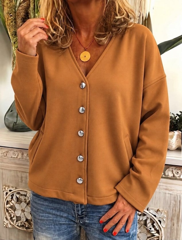 Kadın Düğme Detaylı V Yaka Oversize Camel Ceket / Hırka