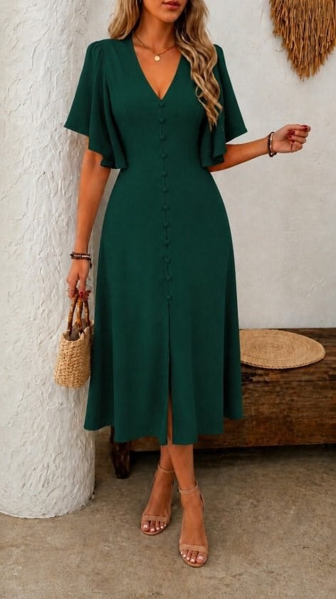 Kadın Kısa Kelebek Kollu V Yakalı önden Yırtmaç Ve Düğmeli Midi Janjan Krep Elbise