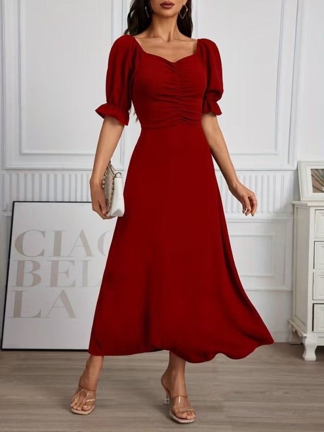Kadın Kısa Kollu V Yakalı önden Büzgüü Uzun Ithal Krep Elbise