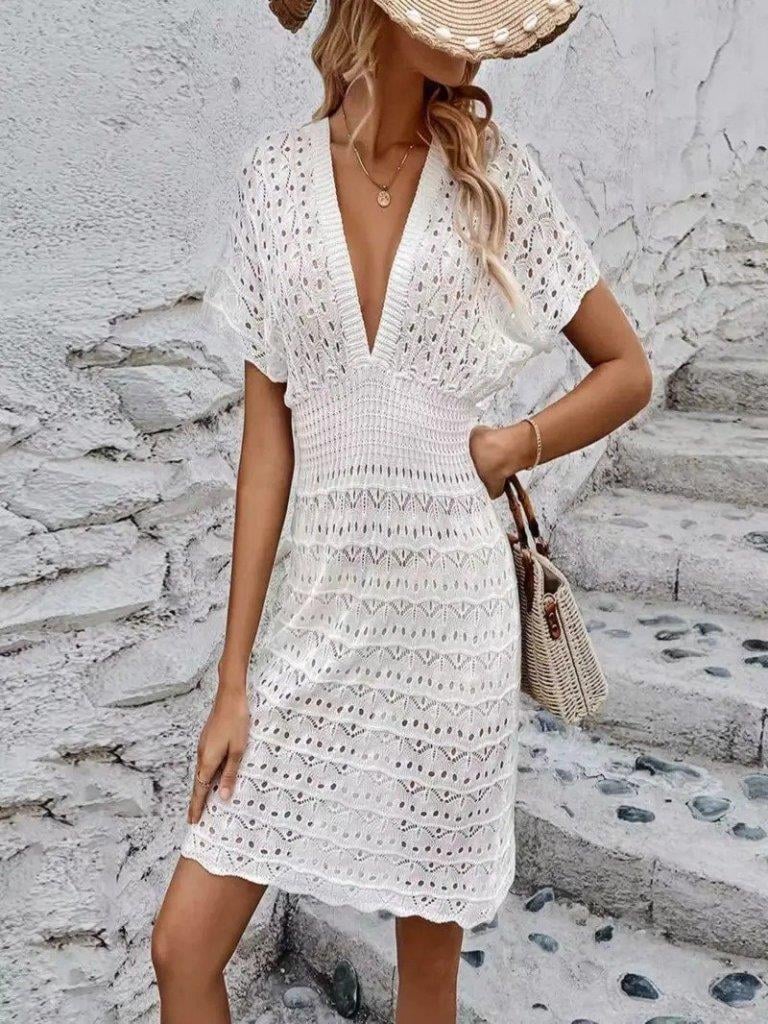 Kadın Kısa Kollu V Yakalı örme Triko Elbise