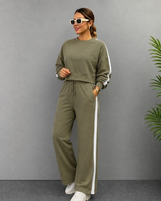 Kadın Uzun Kollu Bisiklet Yakalı Kısa Viskon Ikı Iplik Bluz Ve Pantolon Ikili Takım