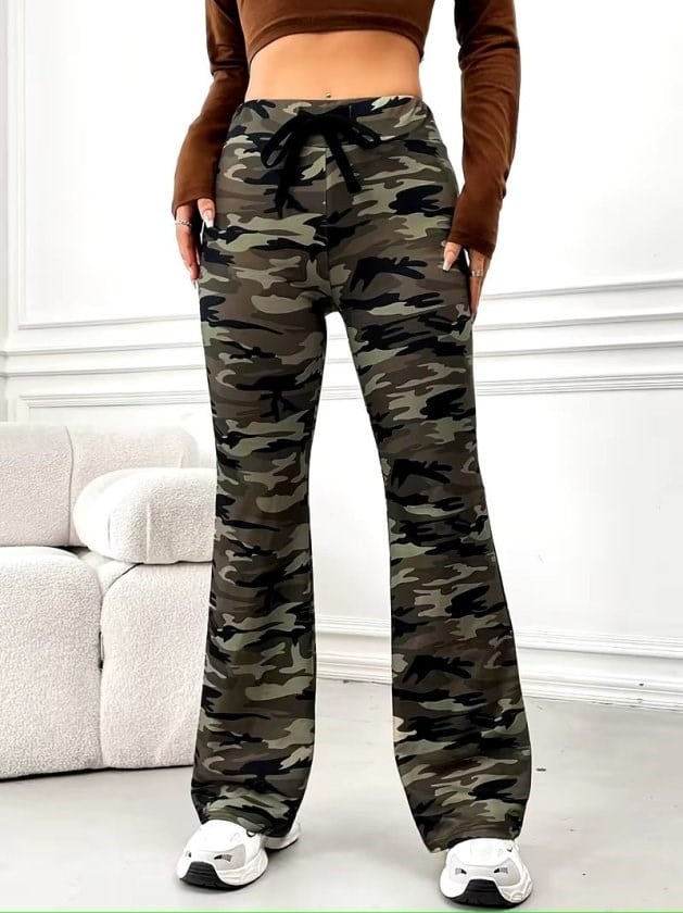 Kadın Yüksek Bel Bağcıklı Geniş Paçalı Desenli Dalgıç Tayt