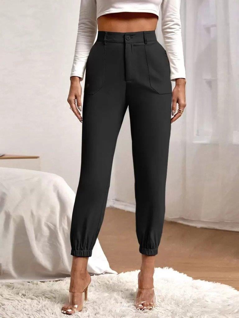 Kadın Yüksek Bel Cepli Paçası Lastikli Ithal Krep Pantolon