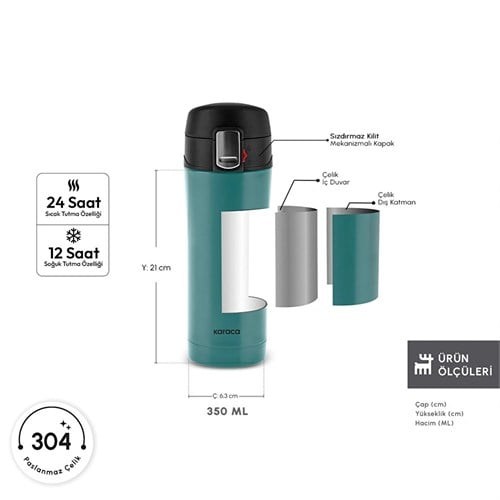 Karaca Pluton Çelik Sızdırmaz Termos Çağla Yeşili 350 Ml