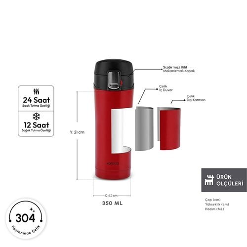 Karaca Pluton Çelik Sızdırmaz Termos Kırmızı 350 Ml
