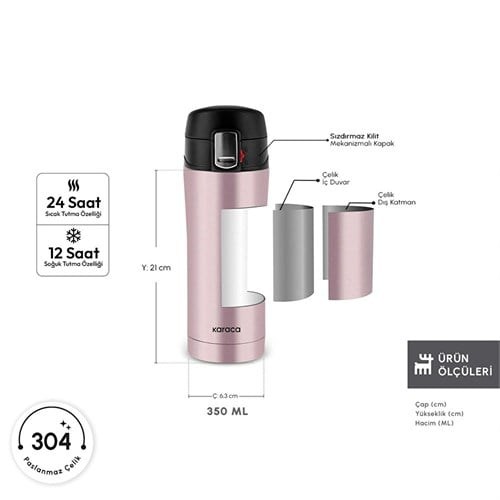 Karaca Pluton Çelik Sızdırmaz Termos Rose Gold 350 Ml