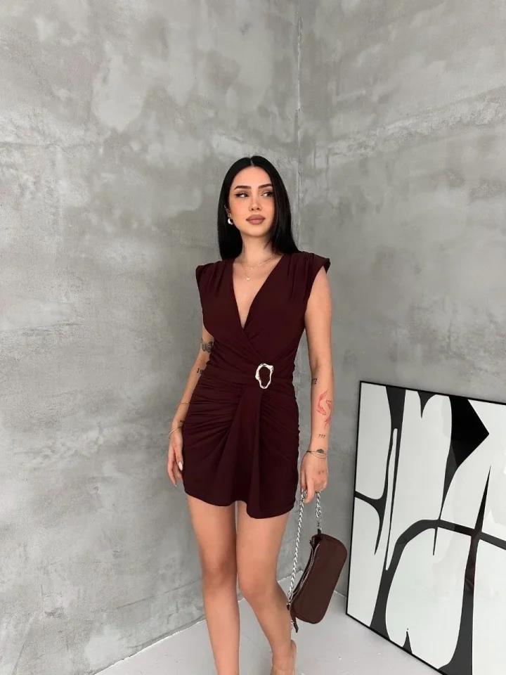 Kruvaze Drapeli Tokalı Mini Elbise Şık Gece Davet Abiye - Kahverengi