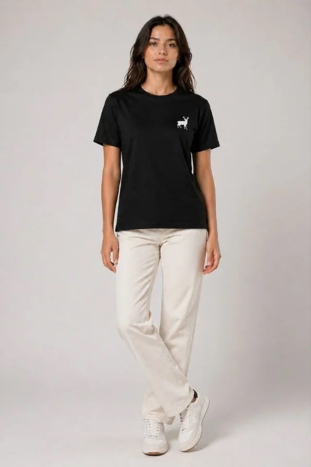 Minimal Geyik Logolu Tişört Bisiklet Yaka Kısa Kol Yazlık T-Shirt - Siyah