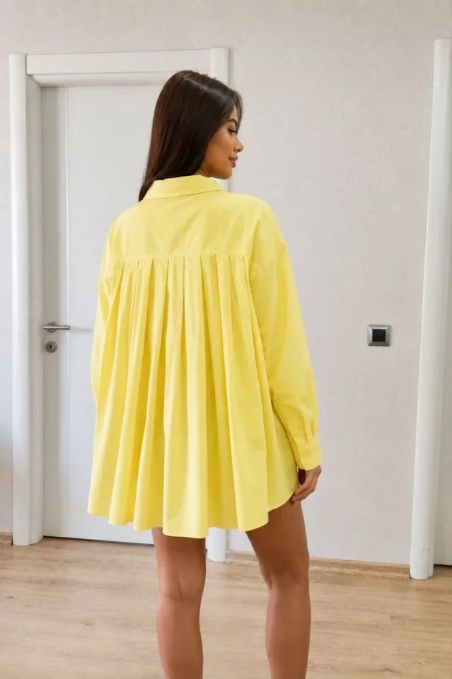 Oversize Pens Detaylı Cepli Yırtmaçlı Rahat Kalıp Poplin Gömlek - Sarı