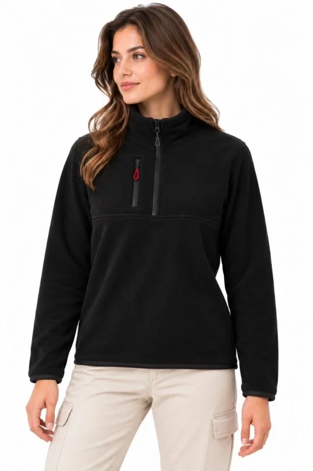 Polar Dik Yaka Yarım Fermuarlı Fermuarlı Göğüs Cepli Regular Fit Kışlık Sweatshirt - Siyah