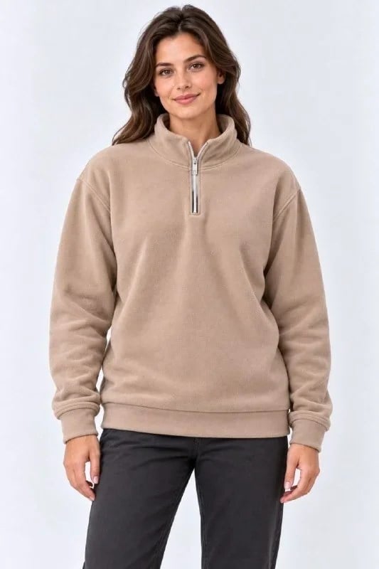 Polar Dik Yaka Yarım Fermuarlı Uzun Kollu Regular Fit Kışlık Sweatshirt - Bej