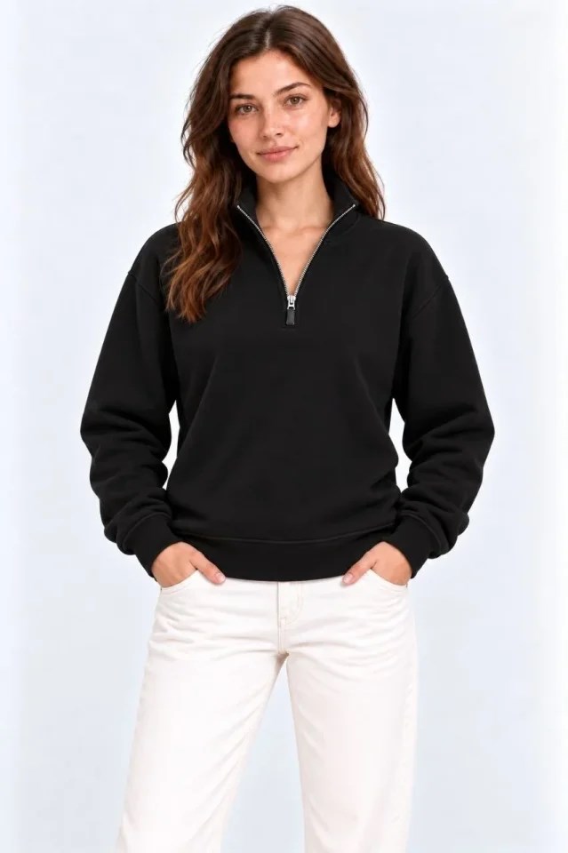 Üç İplik İçi Şardonlu Dik Yaka Yarım Fermuarlı Kışlık Sweatshirt - Siyah