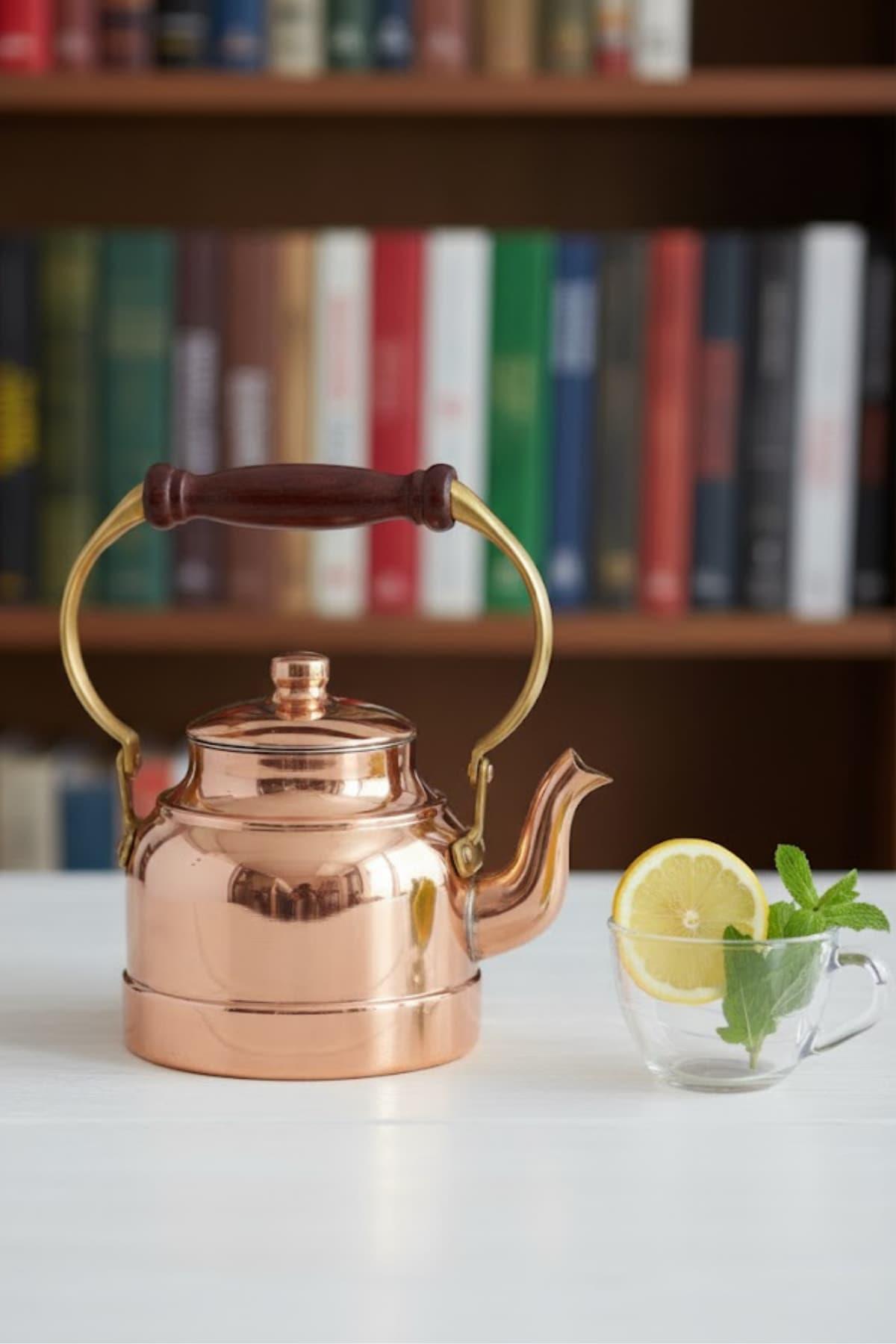 Bakır Demlik, Turna Bakır Çayyolu Demlik Ahşap Kulp Düz Kırmızı Turna1974-1 | Bakır Mutfak ve Dekorasyon Ürünleri