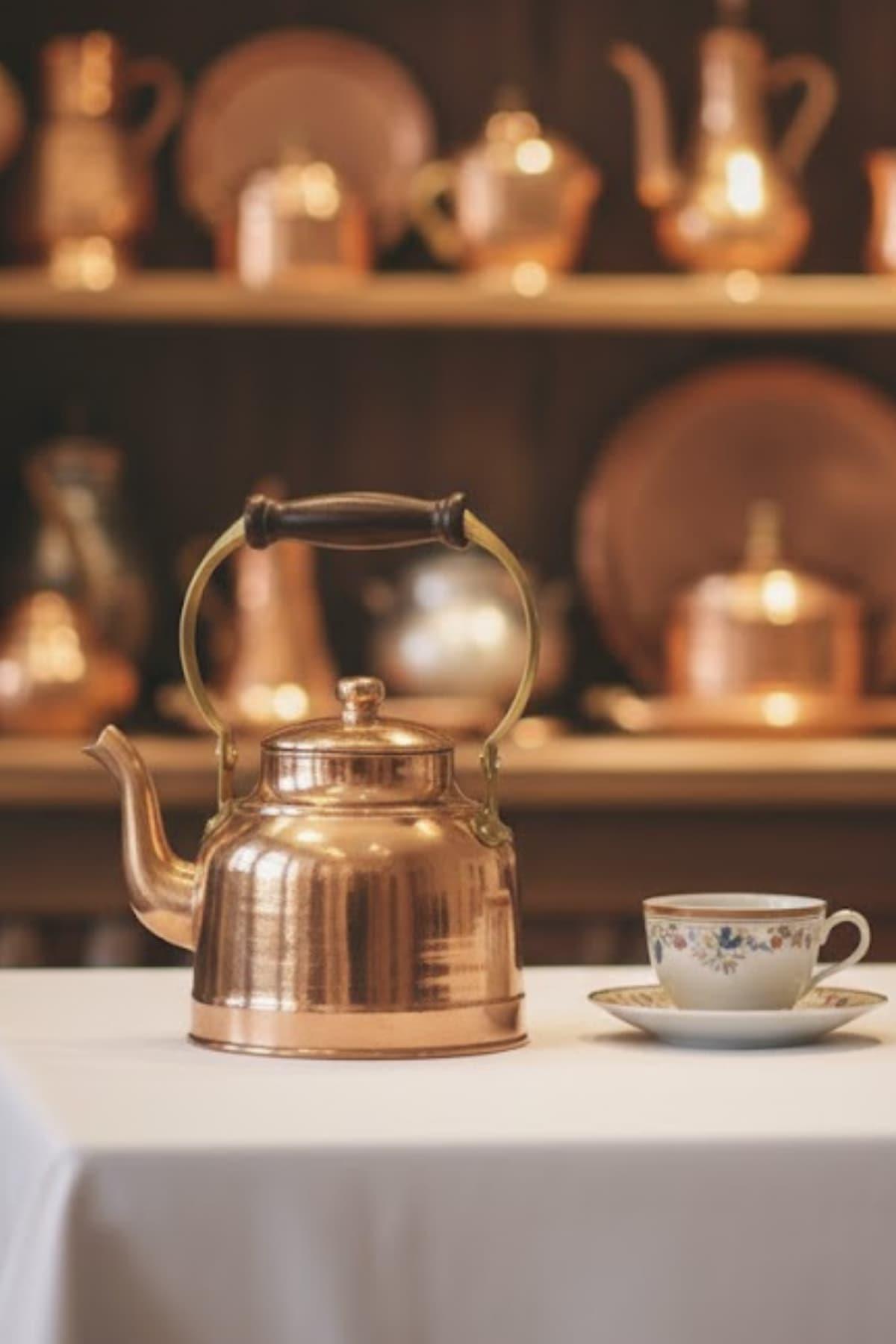 Bakır Demlik, Turna Bakır Çayyolu Demlik Ahşap Kulp Düz Kırmızı Turna1974-1 | Bakır Mutfak ve Dekorasyon Ürünleri