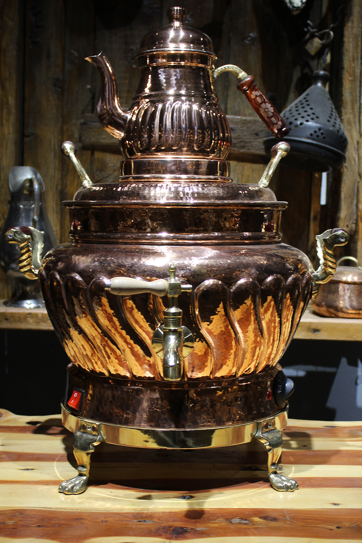 Turna Bakır Hünkar Yuvarlak Dilimli Elektrikli Semaver 3 No Kırmızı Turna5567-1