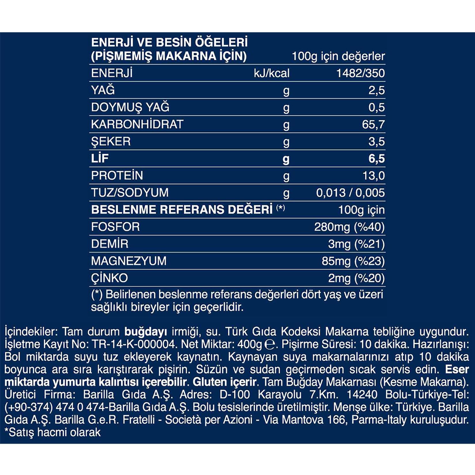 Barilla Integrale Farfalle /Tam Buğday Kelebek Makarna 400 Gr