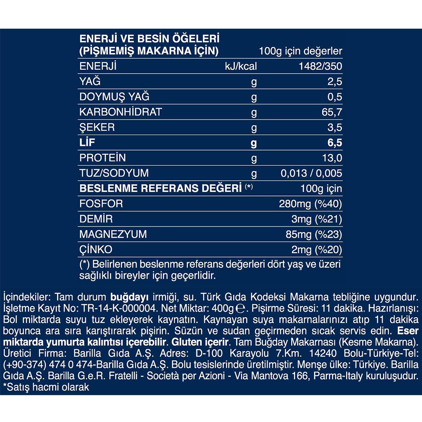 Barilla Integrale Fusıllı /Tam Buğday Burgu Makarna 400 Gr