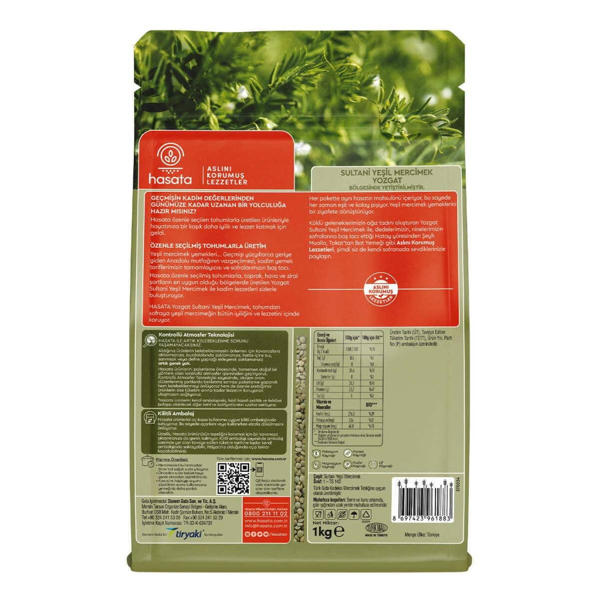 Hasata Yozgat Sultani Yeşil Mercimek 1000 gr
