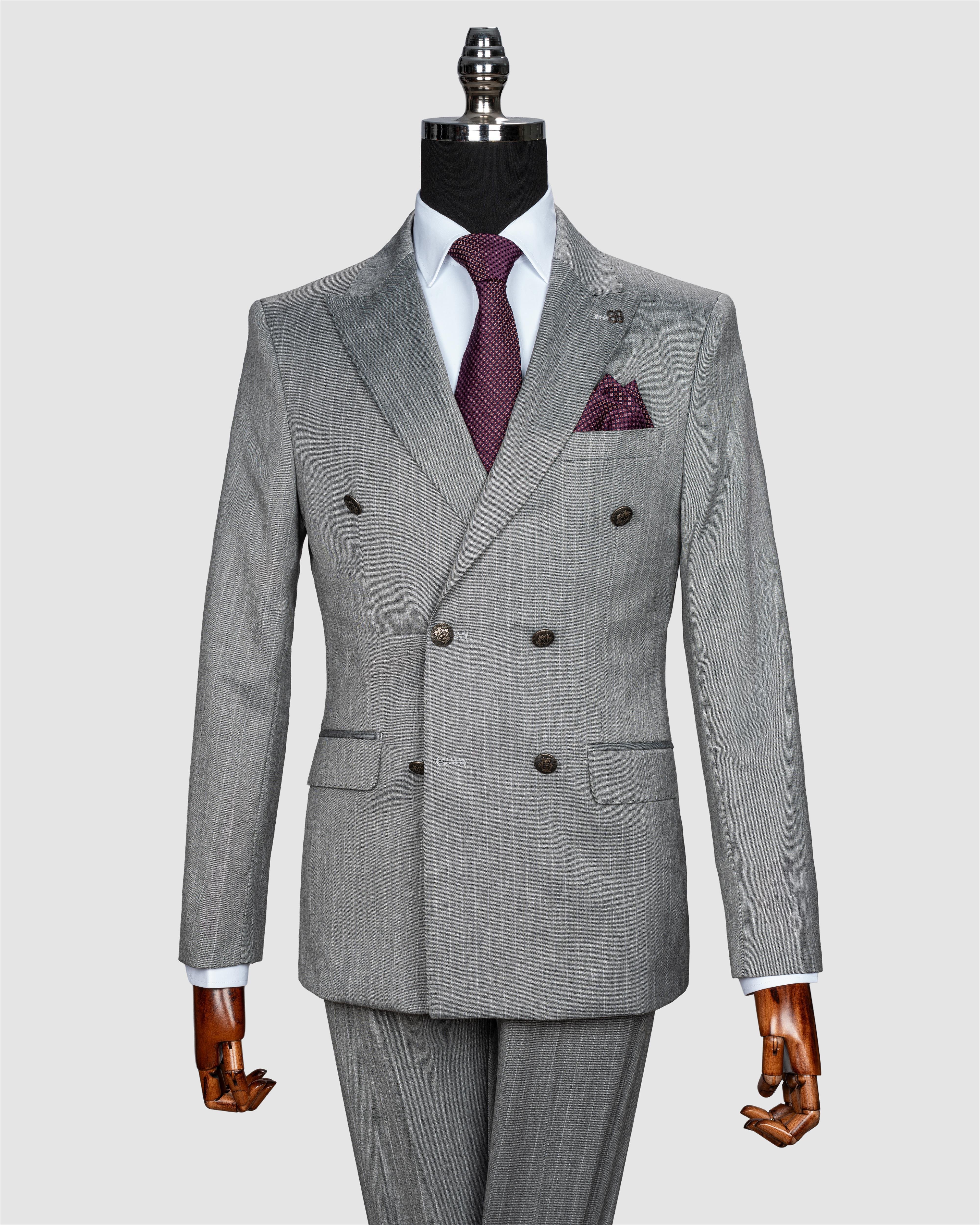 Ech. 2344-28 Gri Kumaş Beyaz Çizgili Kruvaze Takım Elbise
