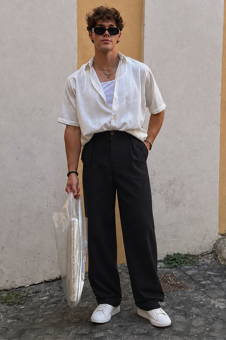 Baggy Fit Kalıp Pamuklu Keten Pantolon