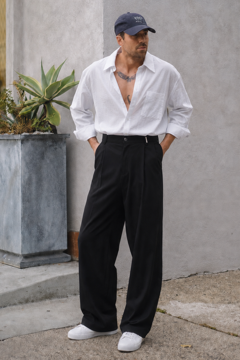 Baggy Kalıp Pileli Kumaş Pantolon