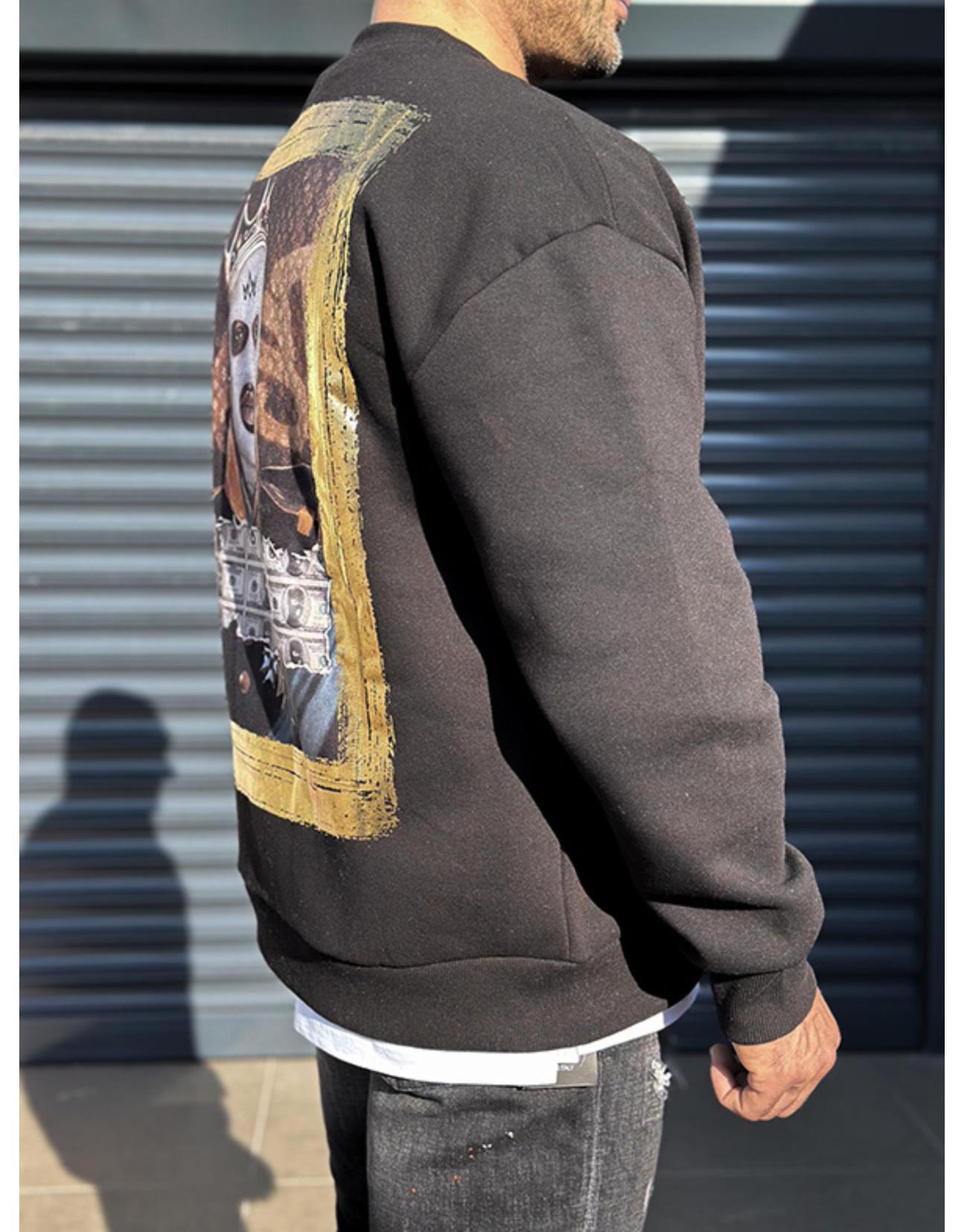 Bisiklet Yaka Önü Logo Detaylı Sırtı Baskılı Ribanalı Erkek Oversize Kalıp Sweatshirt