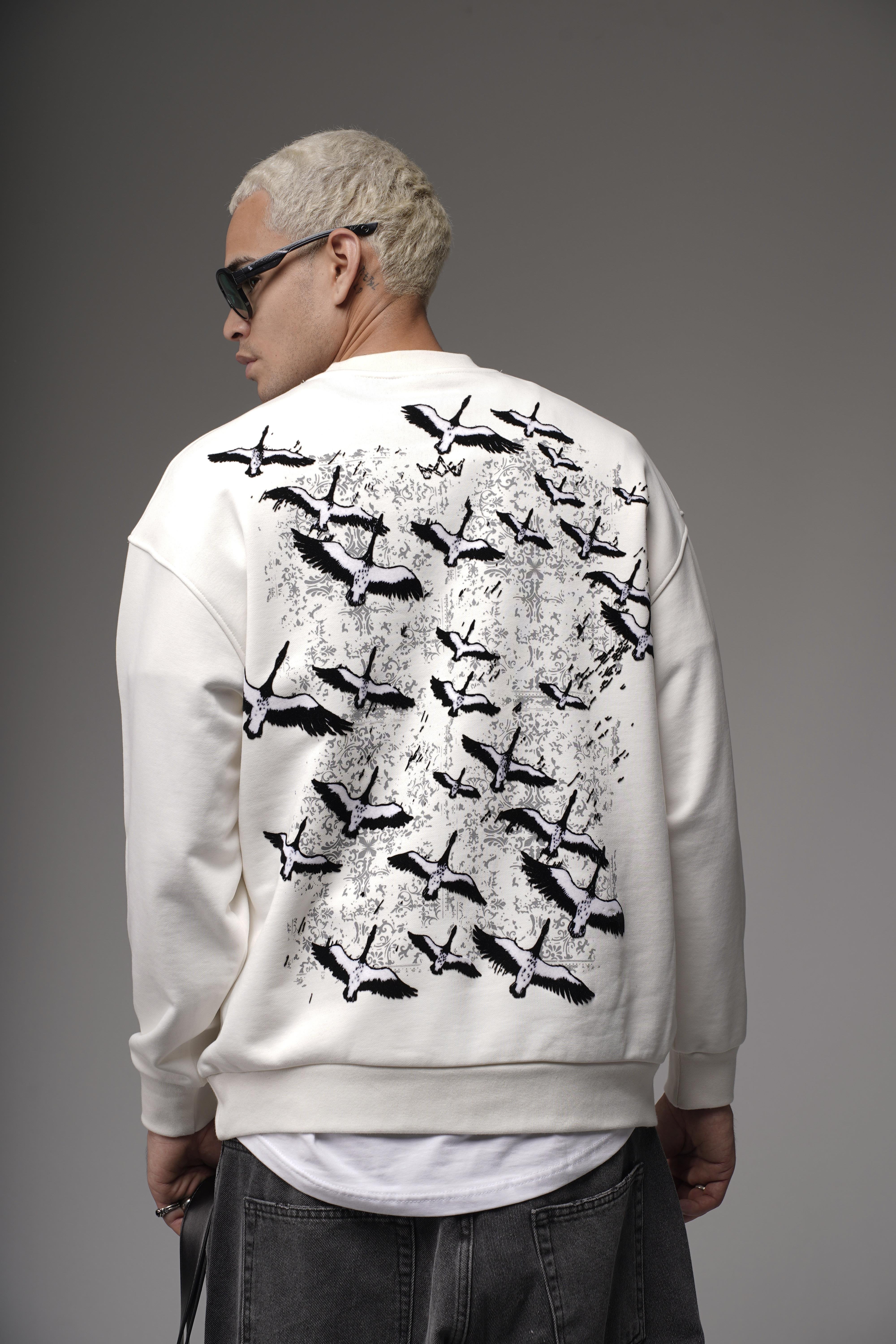Bisiklet Yaka Sırtı Leylek Baskılı Nakışlı Oversize Kalıp Sweatshirt