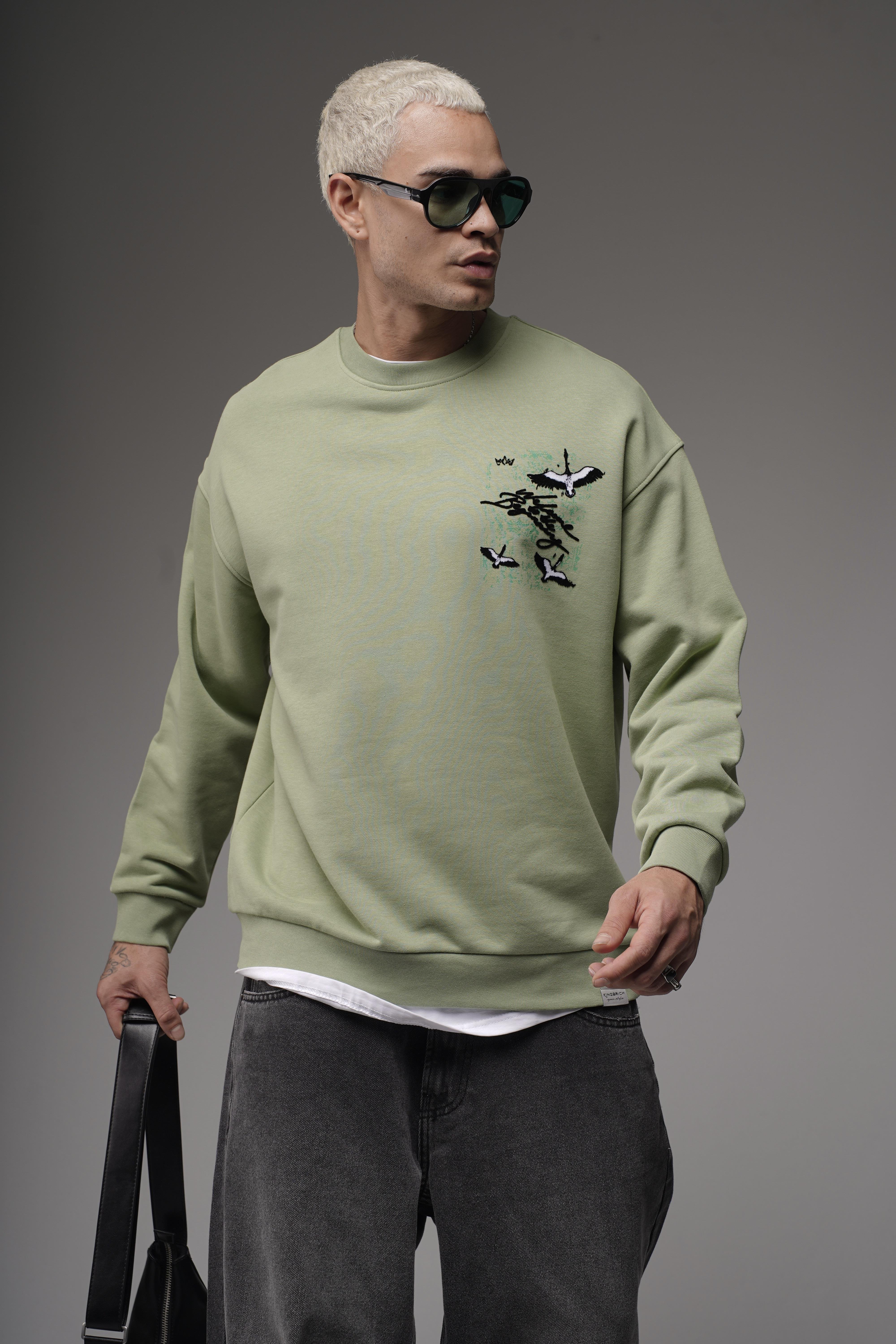 Bisiklet Yaka Sırtı Leylek Baskılı Nakışlı Oversize Kalıp Sweatshirt