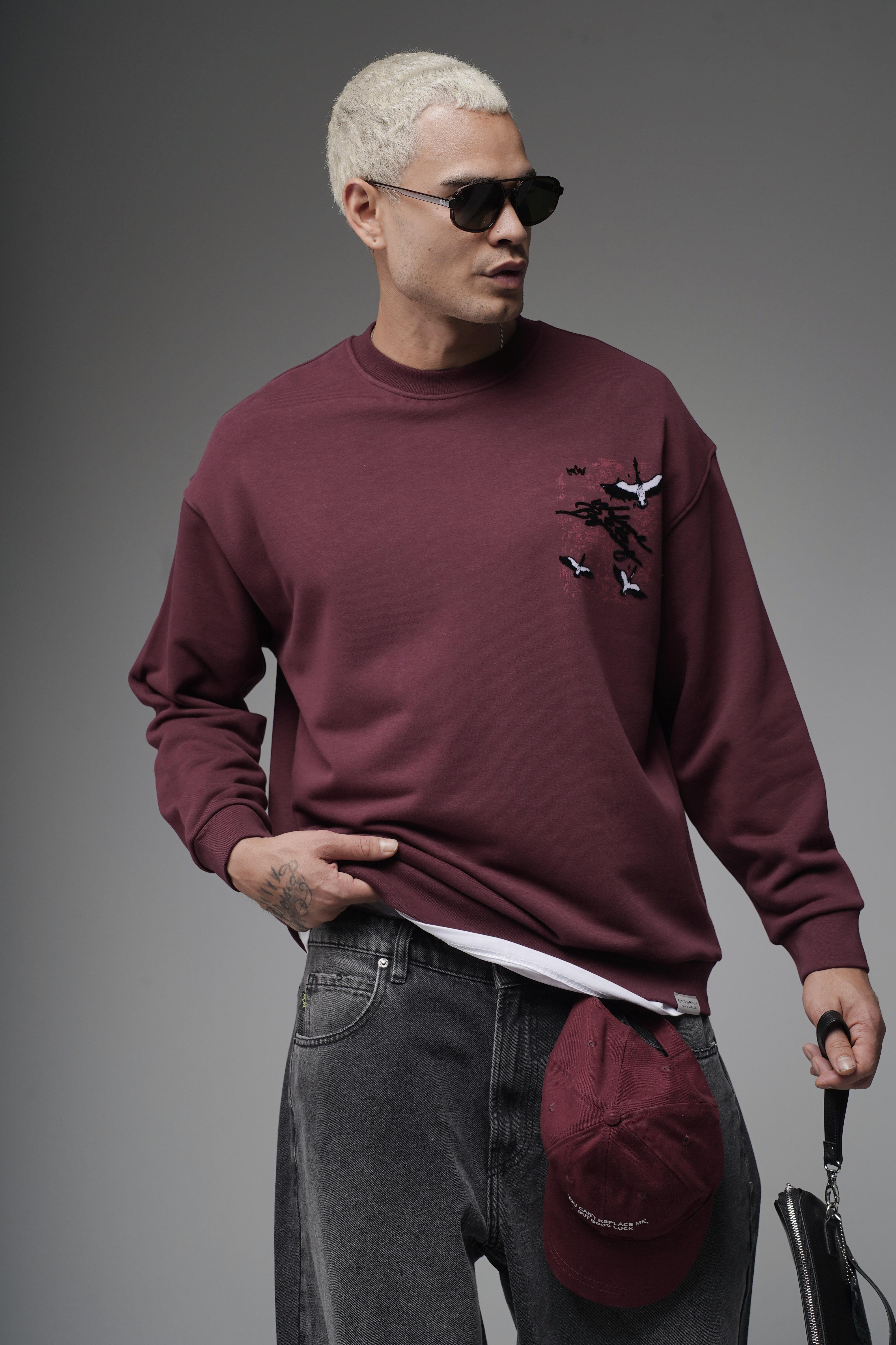 Bisiklet Yaka Sırtı Leylek Baskılı Nakışlı Oversize Kalıp Sweatshirt