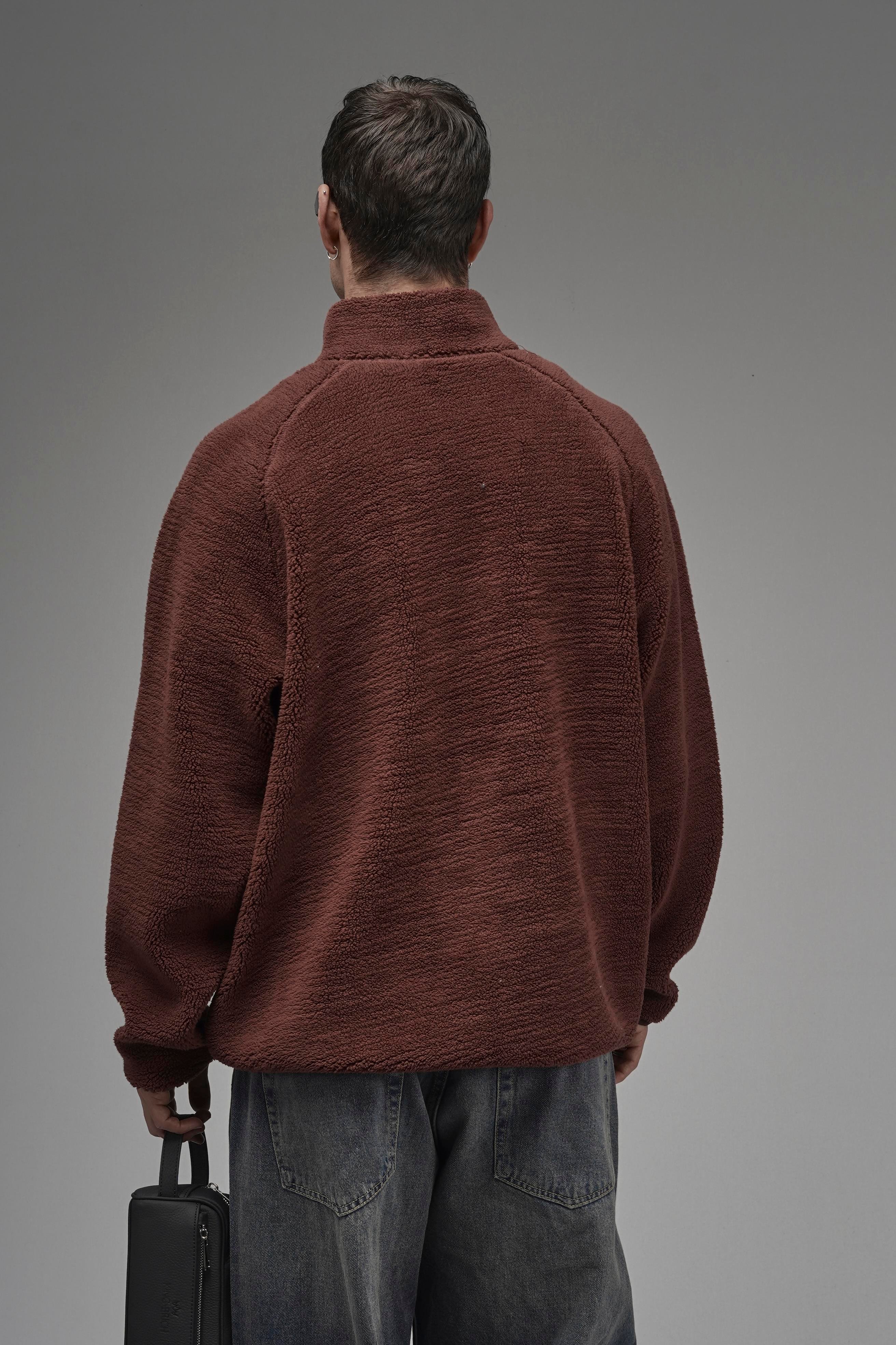 Dik Yaka Fermuarlı Cepli Reglan Kol Oversize Kalıp Erkek Polar