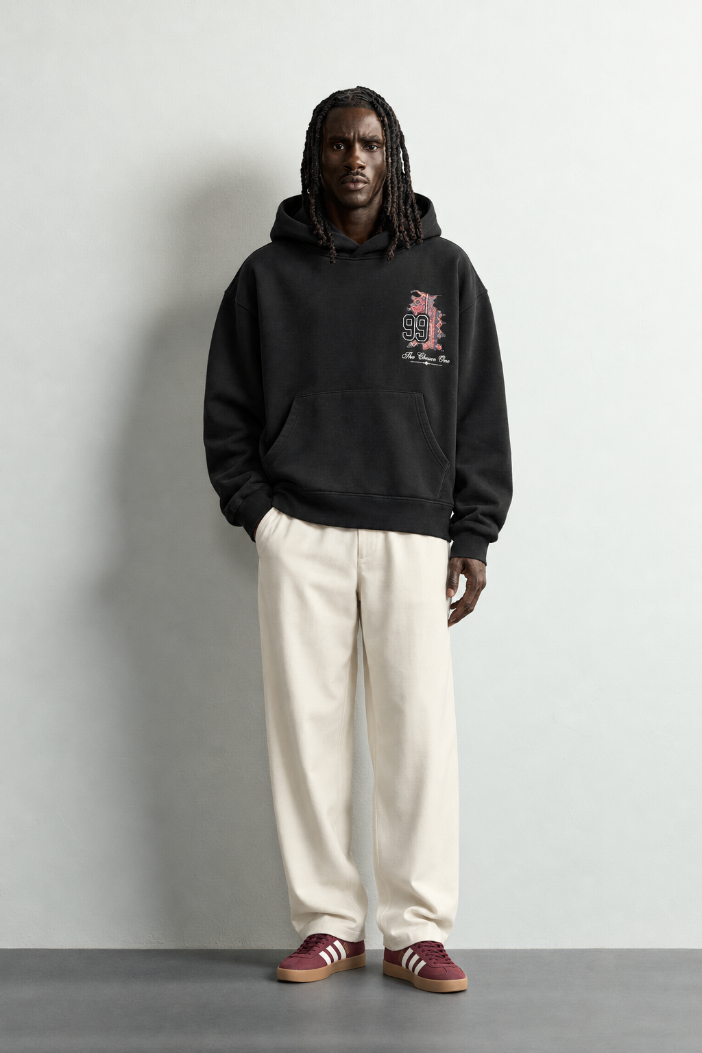 Erkek 99 Halı Desen Patch Nakışlı Şardonlu Kapüşonlu Oversize Sweatshirt