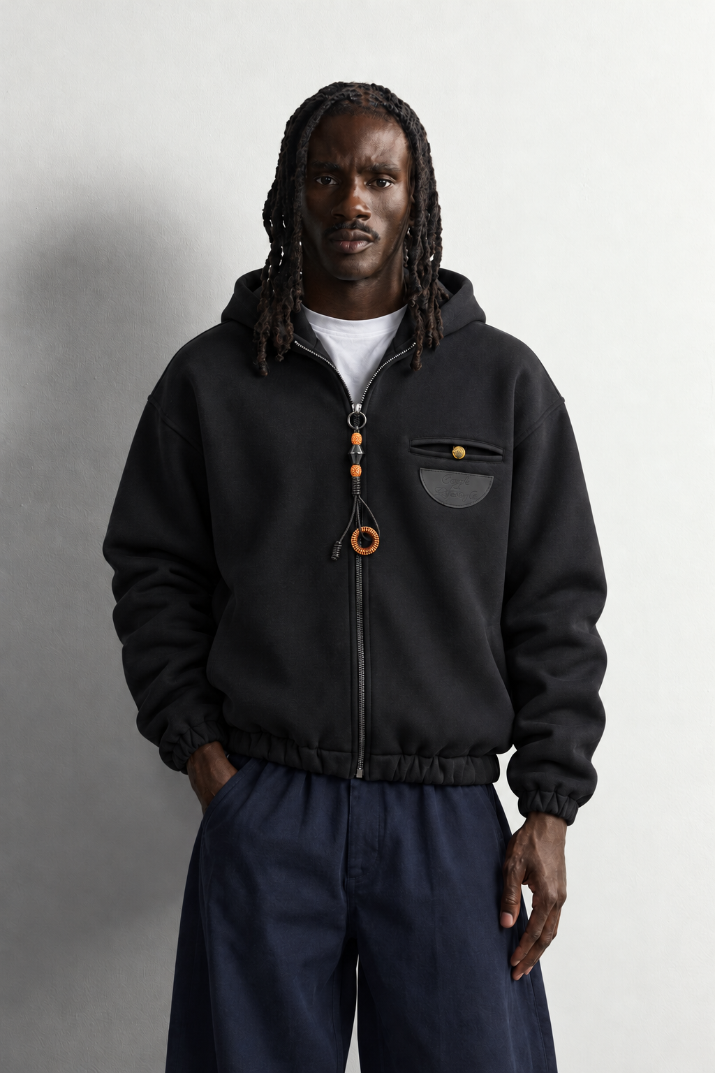 Erkek Deri Cep Detaylı Fermuarlı Şardonlu Kapüşonlu Oversize Sweatshirt