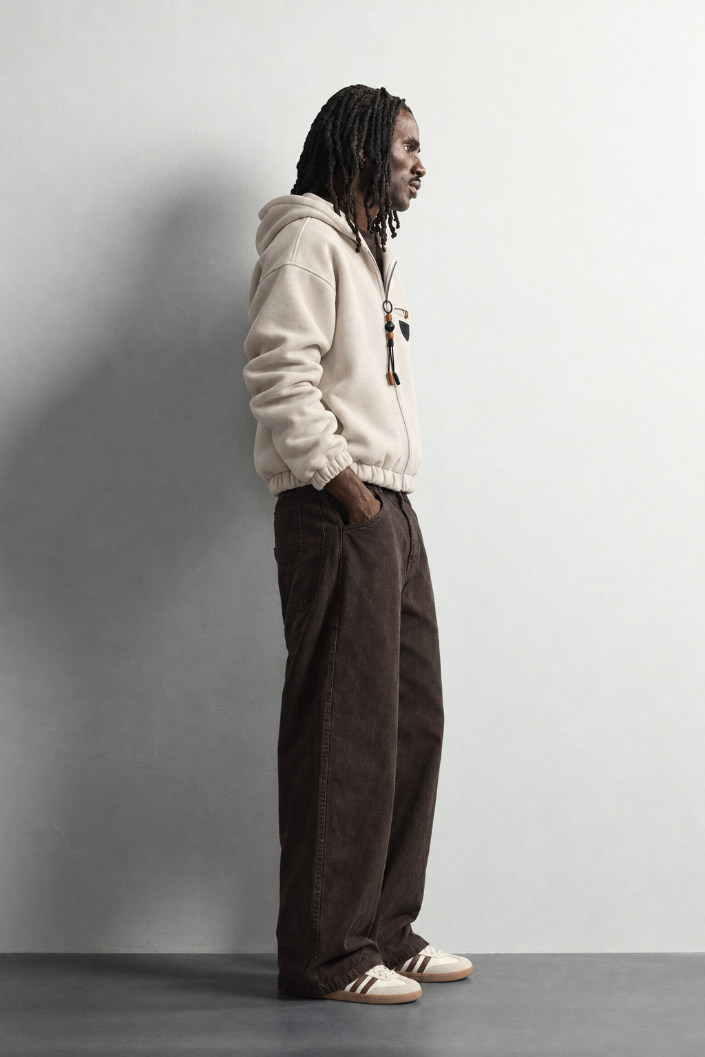 Erkek Deri Cep Detaylı Fermuarlı Şardonlu Kapüşonlu Oversize Sweatshirt
