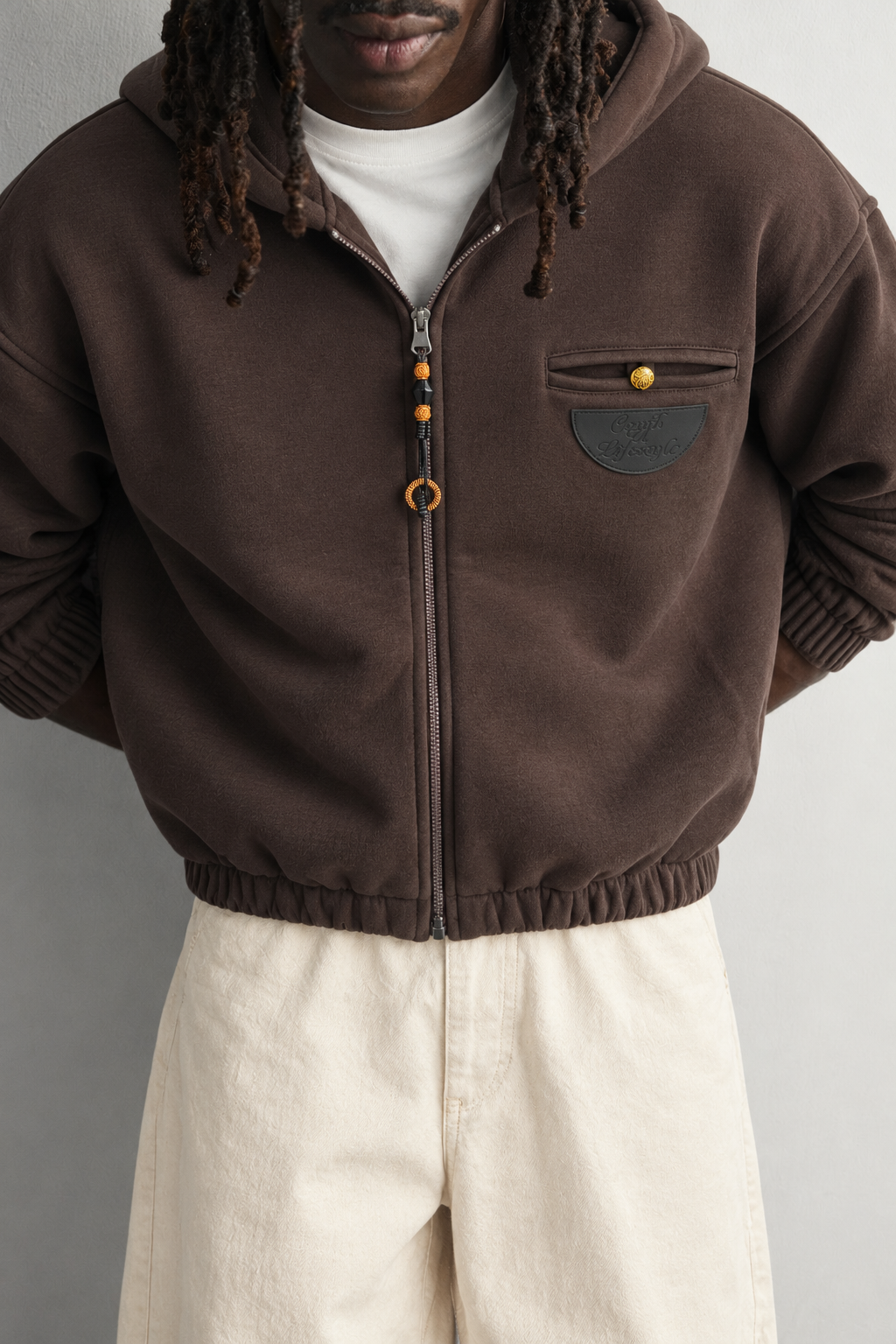 Erkek Deri Cep Detaylı Fermuarlı Şardonlu Kapüşonlu Oversize Sweatshirt