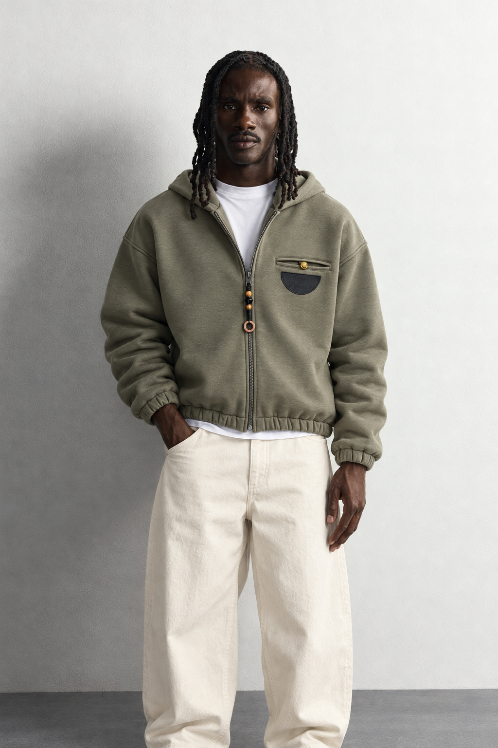 Erkek Deri Cep Detaylı Fermuarlı Şardonlu Kapüşonlu Oversize Sweatshirt