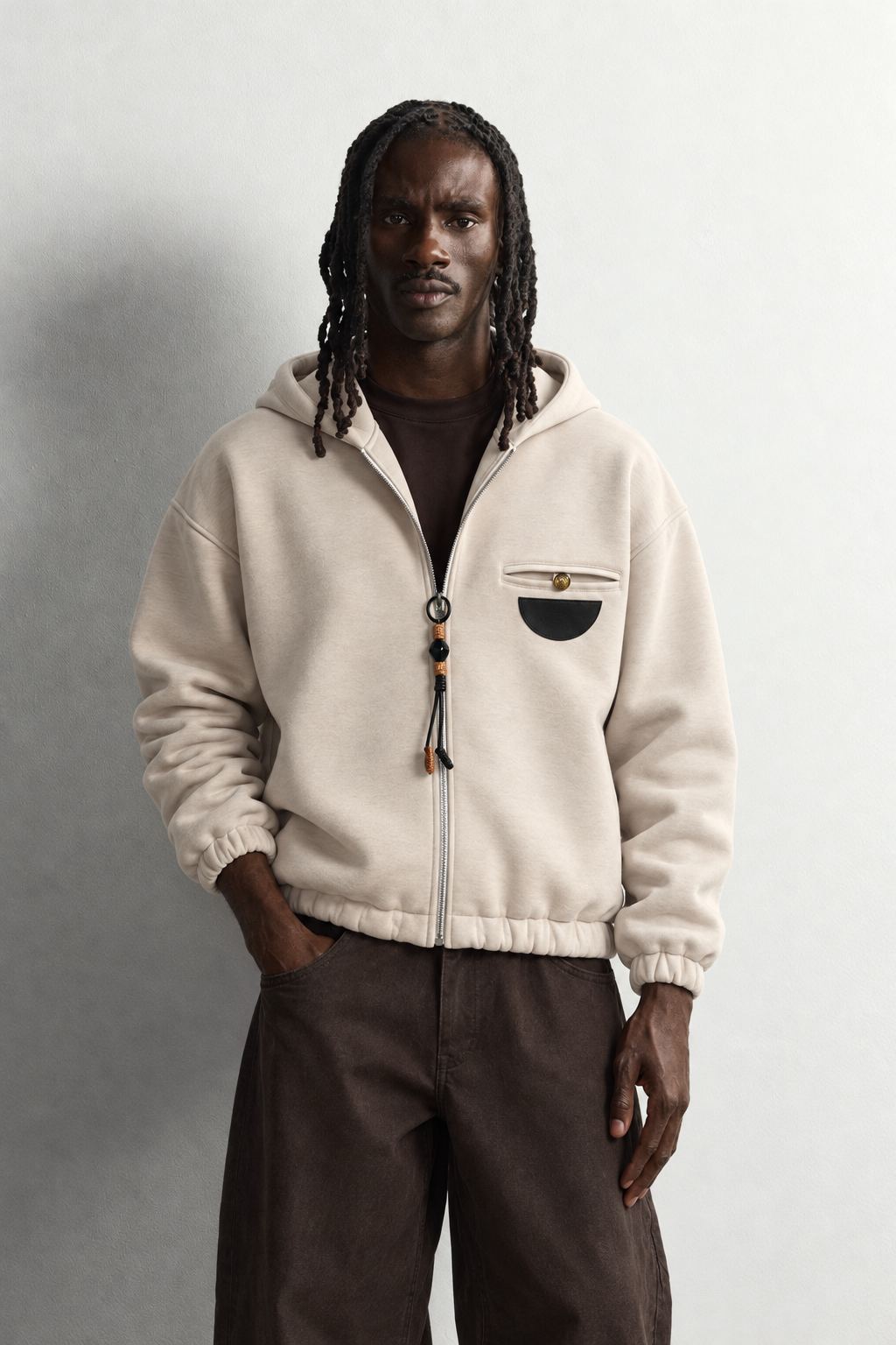 Erkek Deri Cep Detaylı Fermuarlı Şardonlu Kapüşonlu Oversize Sweatshirt