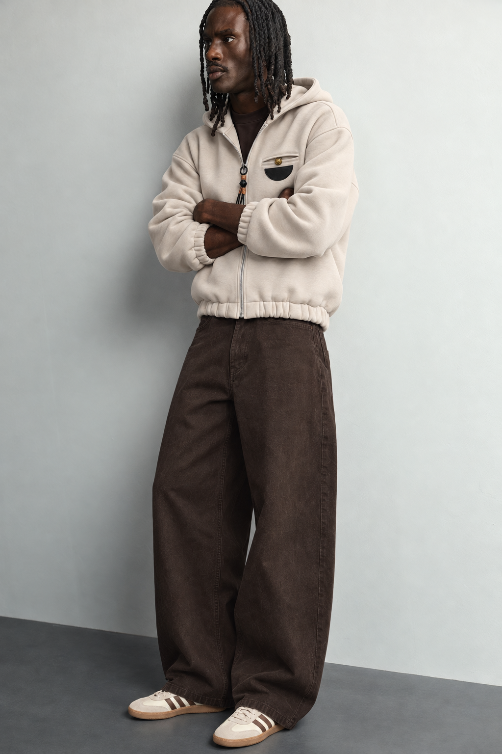 Erkek Deri Cep Detaylı Fermuarlı Şardonlu Kapüşonlu Oversize Sweatshirt